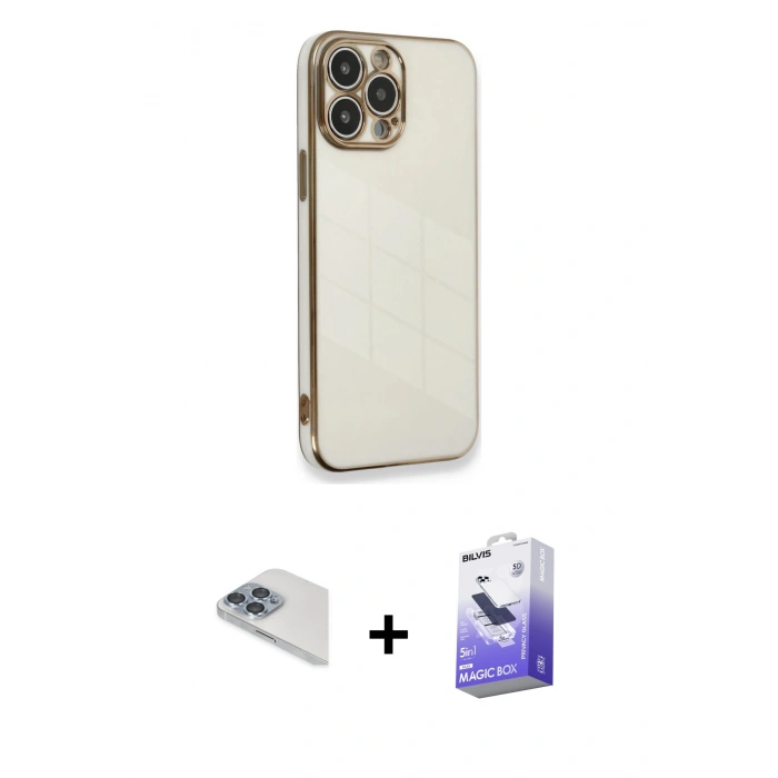 MARSİLYAN™- iPhone 13 Pro Max Kılıf Yankı Serisi - Siyah Bilvis 5in1 5D Magic Hayalet Cam Ekran Koruyucu + Pers Alüminyum Kamera Lens - SABE