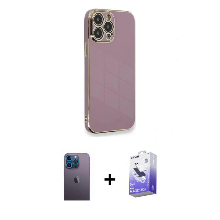 MARSİLYAN™- iPhone 13 Pro Max Kılıf Yankı Serisi - Siyah Bilvis 5in1 5D Magic Hayalet Cam Ekran Koruyucu + Neon Fosforlu Kamera Lens - MI