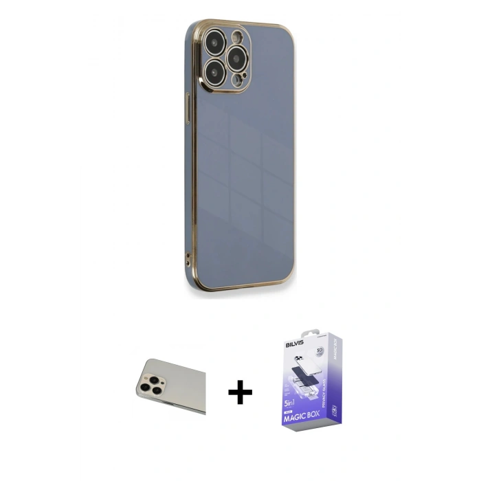 MARSİLYAN™- iPhone 13 Pro Max Kılıf Yankı Serisi - Siyah Bilvis 5in1 5D Magic Hayalet Cam Ekran Koruyucu + Rainbow Kamera Lens Koruma Cam - REGD