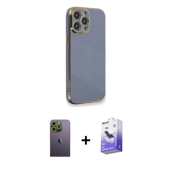 MARSİLYAN™- iPhone 13 Pro Max Kılıf Yankı Serisi - Siyah Bilvis 5in1 5D Magic Hayalet Cam Ekran Koruyucu + Neon Fosforlu Kamera Lens - YL
