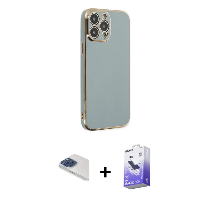 MARSİLYAN™- iPhone 13 Pro Max Kılıf Yankı Serisi - Siyah Bilvis 5in1 5D Magic Hayalet Cam Ekran Koruyucu + Lacivert Pers Alüminyum Kamera Lens