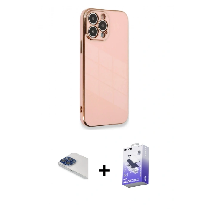 MARSİLYAN™- iPhone 13 Pro Max Kılıf Yankı Serisi - Siyah Bilvis 5in1 5D Magic Hayalet Cam Ekran Koruyucu + Lacivert Pers Alüminyum Kamera Lens