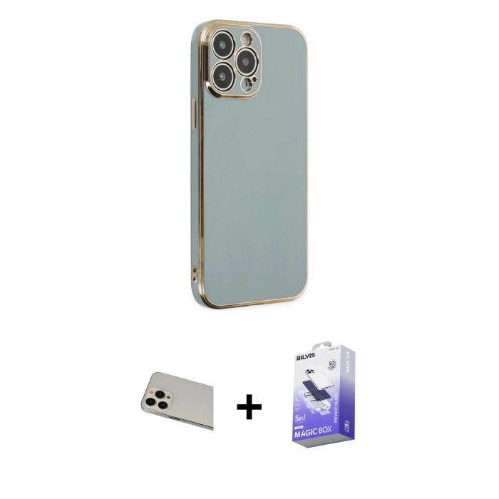 MARSİLYAN™- iPhone 13 Pro Max Kılıf Yankı Serisi - Siyah Bilvis 5in1 5D Magic Hayalet Cam Ekran Koruyucu + Rainbow Kamera Lens Koruma Cam - REGD