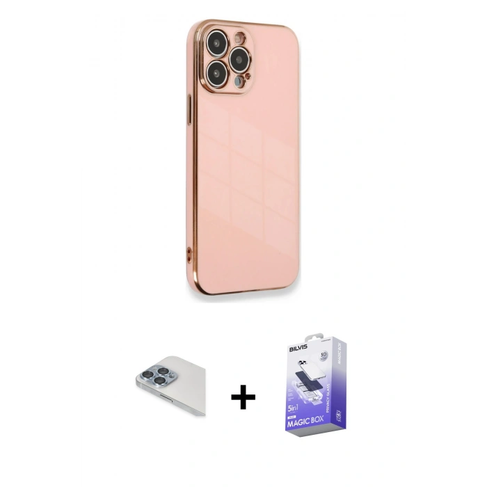 MARSİLYAN™- iPhone 13 Pro Max Kılıf Yankı Serisi - Siyah Bilvis 5in1 5D Magic Hayalet Cam Ekran Koruyucu + Pers Alüminyum Kamera Lens - SABE