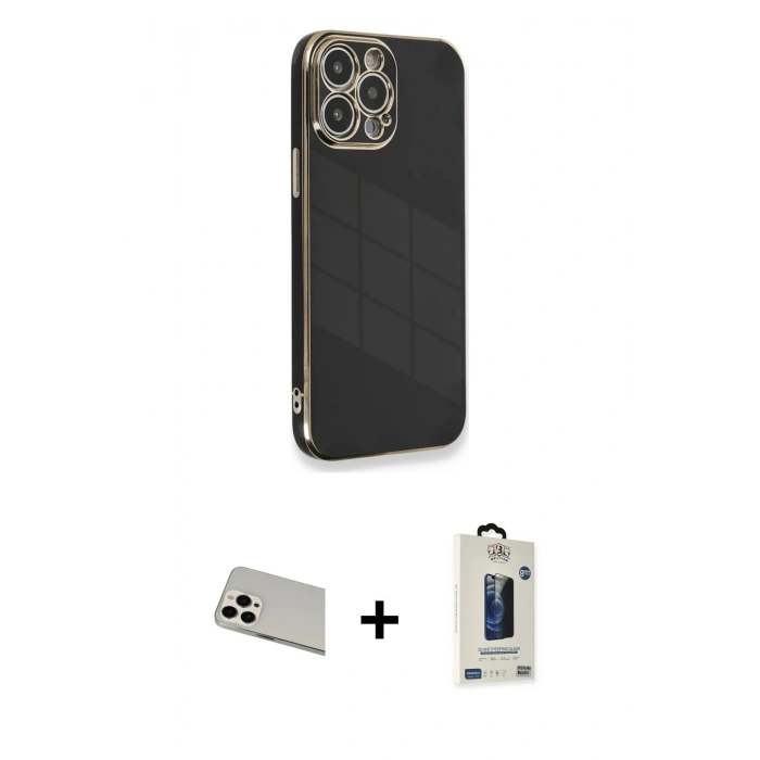 MARSİLYAN™- iPhone 13 Pro Max Kılıf Yankı Serisi - Siyah Bilvis Hayalet Cam Ekran Koruyucu + Rainbow Kamera Lens Koruma Cam - BZ