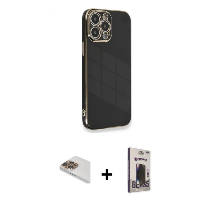 MARSİLYAN™- iPhone 13 Pro Max Kılıf Yankı Serisi - Siyah Bilvis Hayalet Cam Ekran Koruyucu + Pers Alüminyum Kamera Lens - GD