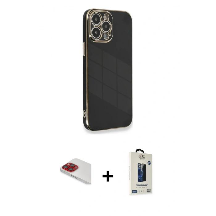 MARSİLYAN™- iPhone 13 Pro Max Kılıf Yankı Serisi - Siyah Bilvis Hayalet Cam Ekran Koruyucu + Pers Alüminyum Kamera Lens - KI