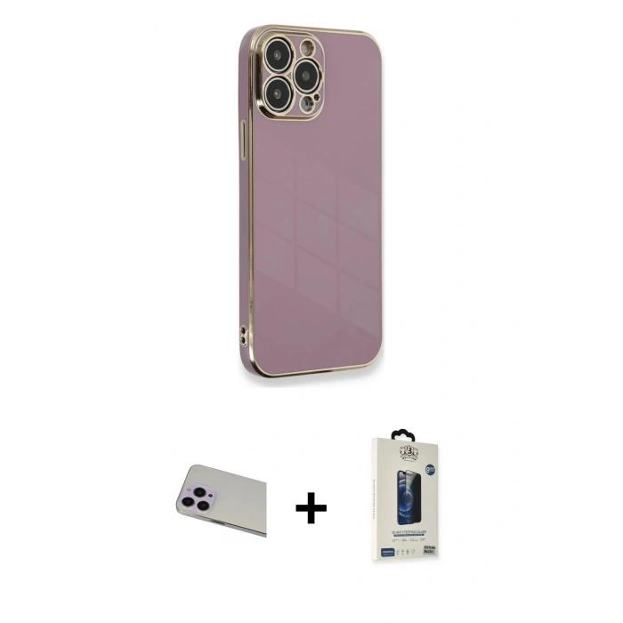 MARSİLYAN™- iPhone 13 Pro Max Kılıf Yankı Serisi - Siyah Bilvis Hayalet Cam Ekran Koruyucu + Mor Rainbow Kamera Lens Koruma Cam
