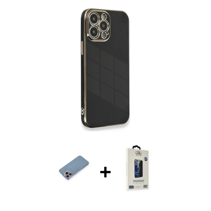 MARSİLYAN™- iPhone 13 Pro Max Kılıf Yankı Serisi - Siyah Bilvis Hayalet Cam Ekran Koruyucu + Shine Kamera Lens Koruma Cam - PE