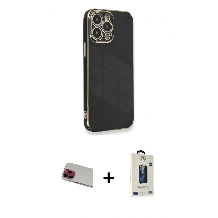 MARSİLYAN™- iPhone 13 Pro Max Kılıf Yankı Serisi - Siyah Bilvis Hayalet Cam Ekran Koruyucu + Rainbow Kamera Lens Koruma Cam - KI