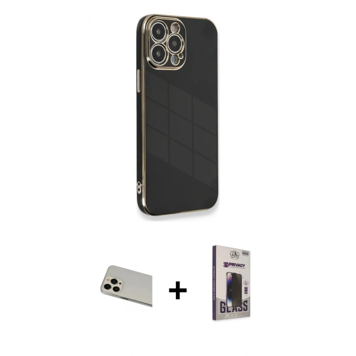 MARSİLYAN™- iPhone 13 Pro Max Kılıf Yankı Serisi - Siyah Bilvis Hayalet Cam Ekran Koruyucu + Rainbow Kamera Lens Koruma Cam - REGD