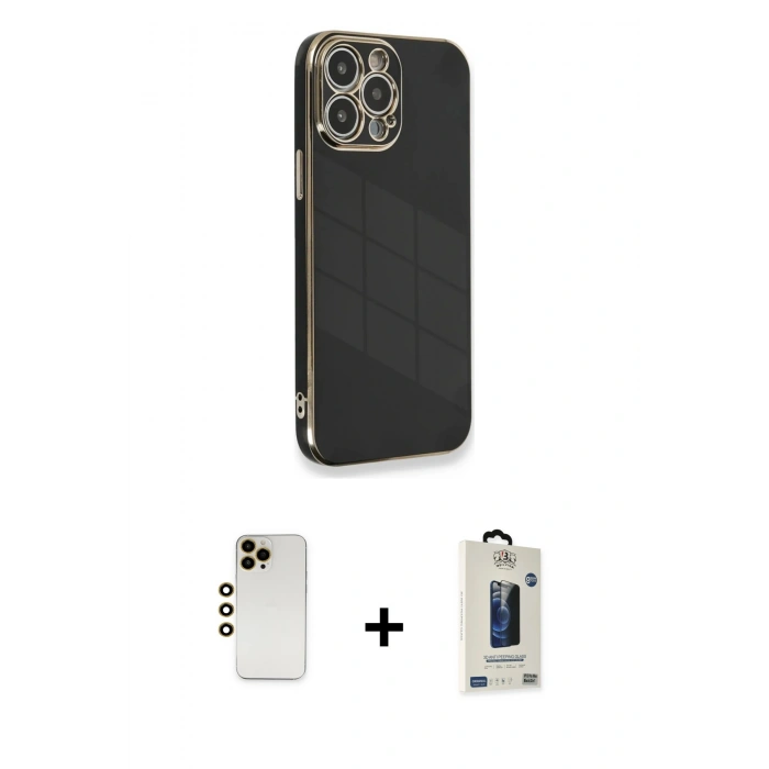 MARSİLYAN™- iPhone 13 Pro Max Kılıf Yankı Serisi - Siyah Bilvis Hayalet Cam Ekran Koruyucu + Shine Kamera Lens - GD