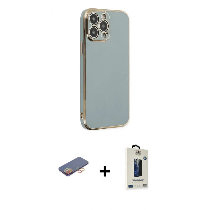 MARSİLYAN™- iPhone 13 Pro Max Kılıf Yankı Serisi - Siyah Bilvis Hayalet Cam Ekran Koruyucu + Renkli Kamera Lens Koruma Cam - TU