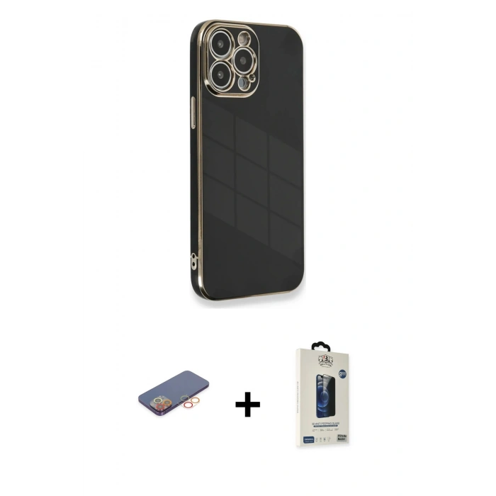 MARSİLYAN™- iPhone 13 Pro Max Kılıf Yankı Serisi - Siyah Bilvis Hayalet Cam Ekran Koruyucu + Renkli Kamera Lens Koruma Cam - TU