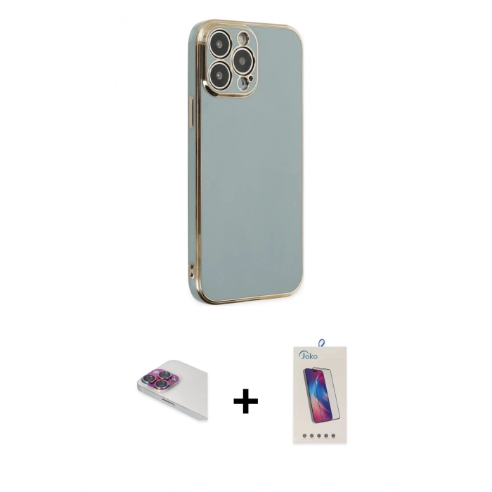MARSİLYAN™- iPhone 13 Pro Max Kılıf Yankı Serisi - Siyah Joko 5D Cam + Gökkuşağı Pers Alüminyum Kamera Lens