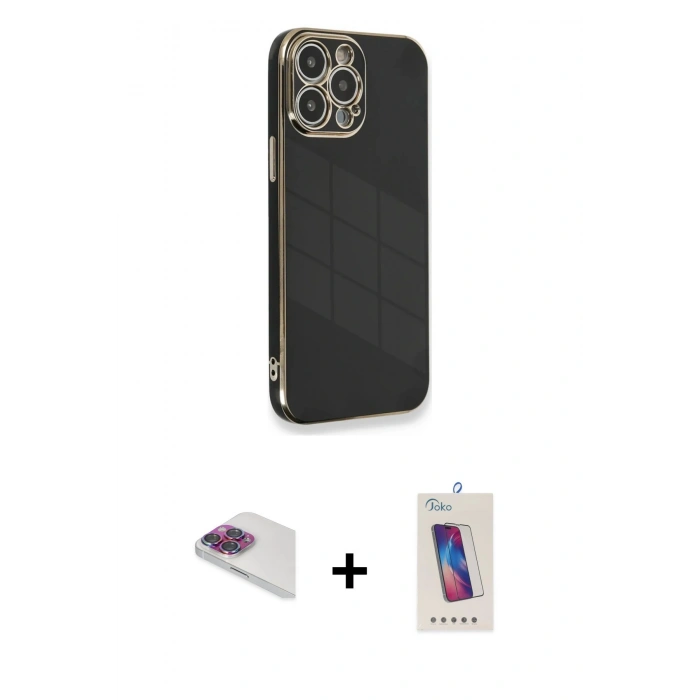 MARSİLYAN™- iPhone 13 Pro Max Kılıf Yankı Serisi - Siyah Joko 5D Cam + Gökkuşağı Pers Alüminyum Kamera Lens
