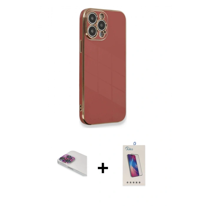 MARSİLYAN™- iPhone 13 Pro Max Kılıf Yankı Serisi - Siyah Joko 5D Cam + Gökkuşağı Pers Alüminyum Kamera Lens