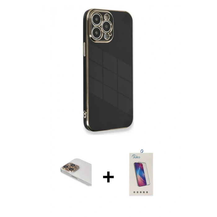 MARSİLYAN™- iPhone 13 Pro Max Kılıf Yankı Serisi - Siyah Joko 5D Cam + Pers Alüminyum Kamera Lens - GD