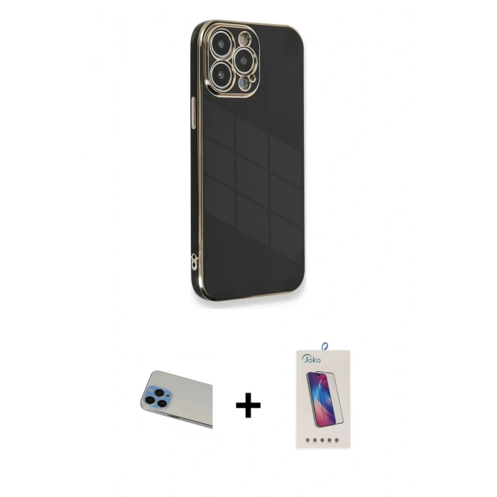 MARSİLYAN™- iPhone 13 Pro Max Kılıf Yankı Serisi - Siyah Joko 5D Cam + Rainbow Kamera Lens Koruma Cam - MI