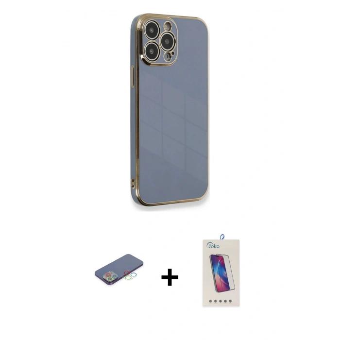 MARSİLYAN™- iPhone 13 Pro Max Kılıf Yankı Serisi - Siyah Joko 5D Cam + Renkli Kamera Lens Koruma Cam - MI