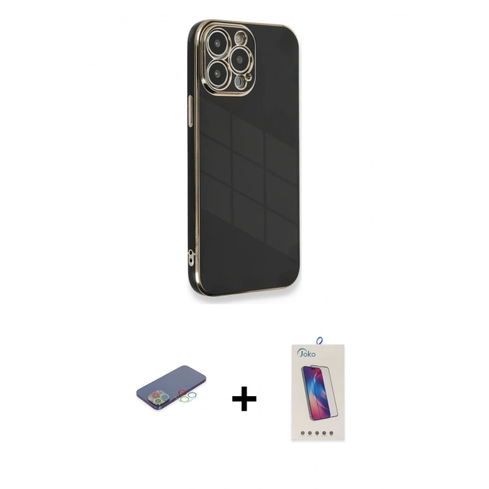 MARSİLYAN™- iPhone 13 Pro Max Kılıf Yankı Serisi - Siyah Joko 5D Cam + Renkli Kamera Lens Koruma Cam - MI