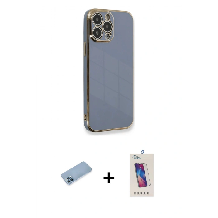 MARSİLYAN™- iPhone 13 Pro Max Kılıf Yankı Serisi - Siyah Joko 5D Cam + Mavi Shine Kamera Lens Koruma Cam