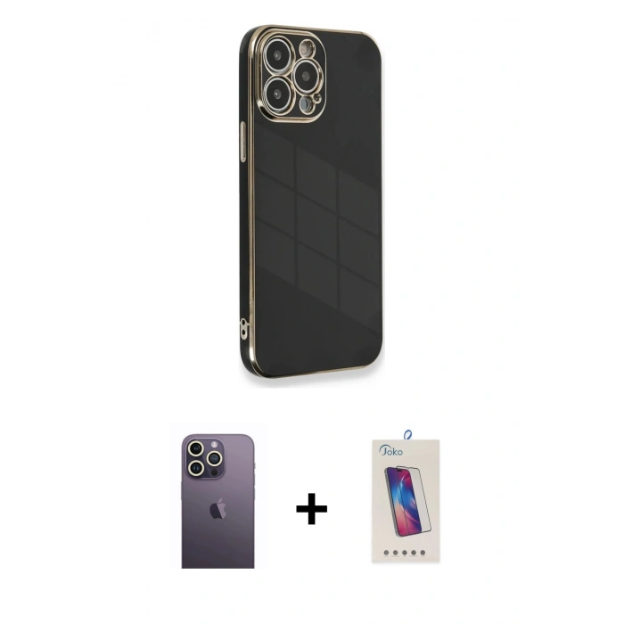 MARSİLYAN™- iPhone 13 Pro Max Kılıf Yankı Serisi - Siyah Joko 5D Cam + Neon Fosforlu Kamera Lens - BZ
