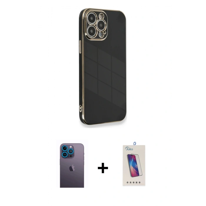 MARSİLYAN™- iPhone 13 Pro Max Kılıf Yankı Serisi - Siyah Joko 5D Cam + Neon Fosforlu Kamera Lens - MI