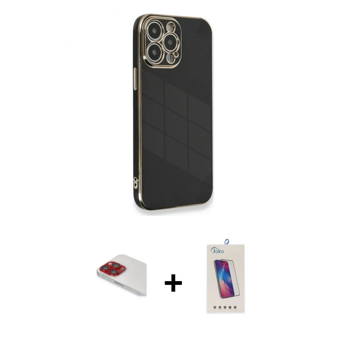 MARSİLYAN™- iPhone 13 Pro Max Kılıf Yankı Serisi - Siyah Joko 5D Cam + Pers Alüminyum Kamera Lens - KI