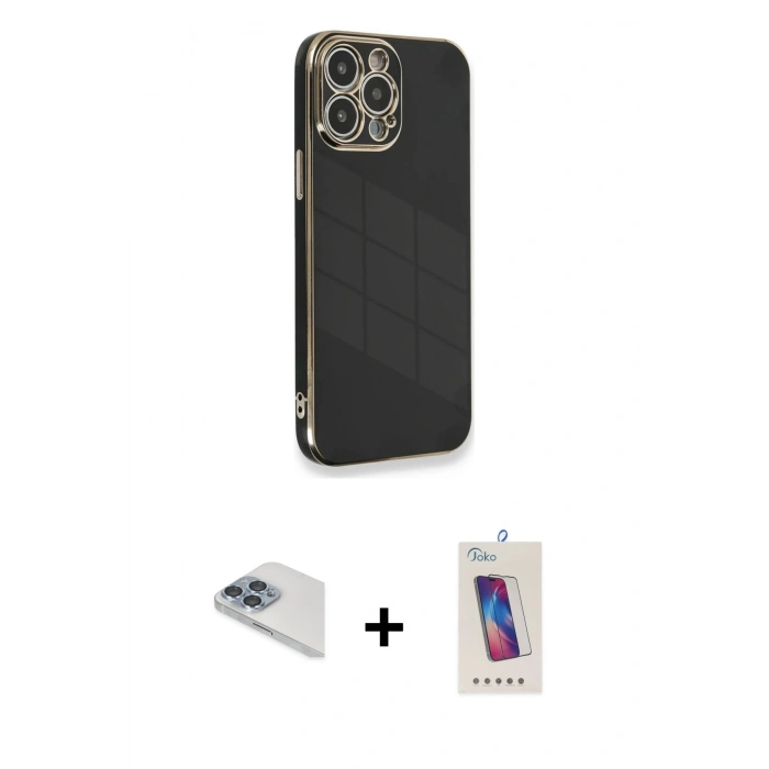 MARSİLYAN™- iPhone 13 Pro Max Kılıf Yankı Serisi - Siyah Joko 5D Cam + Pers Alüminyum Kamera Lens - SABE