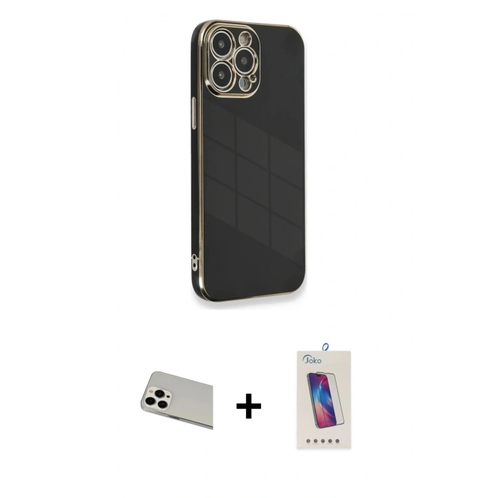 MARSİLYAN™- iPhone 13 Pro Max Kılıf Yankı Serisi - Siyah Joko 5D Cam + Rainbow Kamera Lens Koruma Cam - BZ