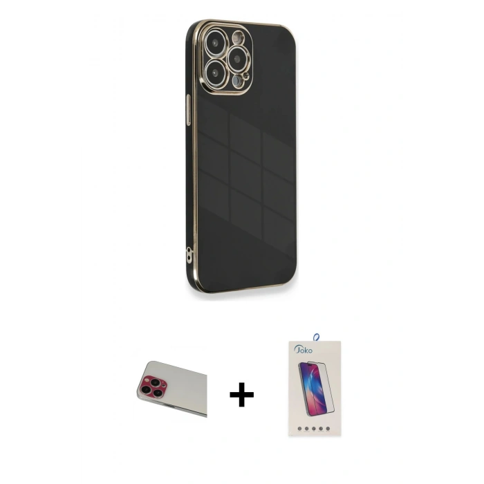 MARSİLYAN™- iPhone 13 Pro Max Kılıf Yankı Serisi - Siyah Joko 5D Cam + Rainbow Kamera Lens Koruma Cam - KI