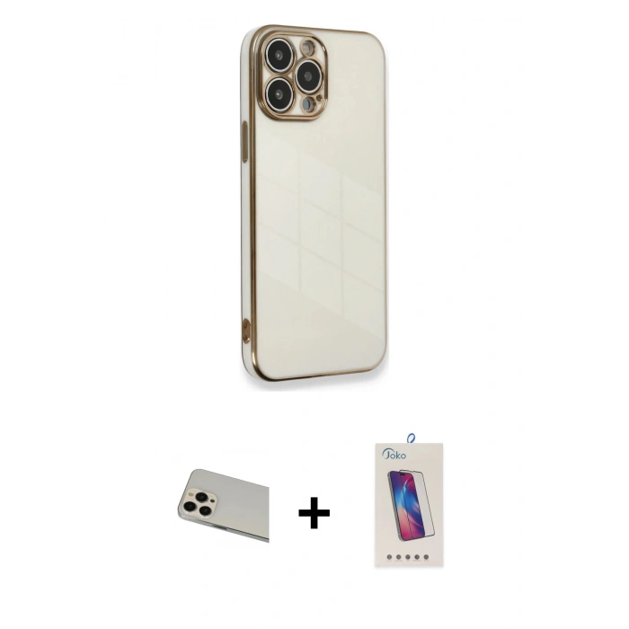 MARSİLYAN™- iPhone 13 Pro Max Kılıf Yankı Serisi - Siyah Joko 5D Cam + Rose Gold Rainbow Kamera Lens Koruma Cam