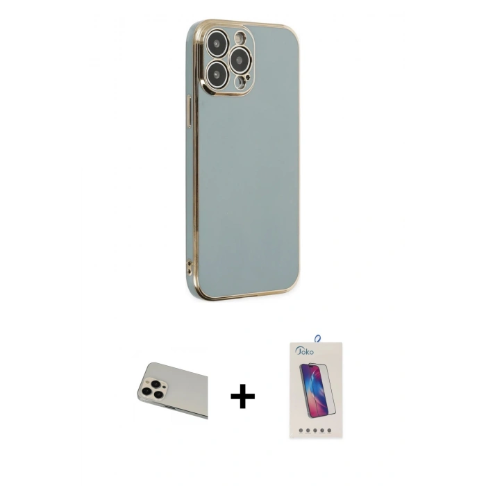 MARSİLYAN™- iPhone 13 Pro Max Kılıf Yankı Serisi - Siyah Joko 5D Cam + Rose Gold Rainbow Kamera Lens Koruma Cam
