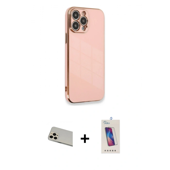 MARSİLYAN™- iPhone 13 Pro Max Kılıf Yankı Serisi - Siyah Joko 5D Cam + Rose Gold Rainbow Kamera Lens Koruma Cam