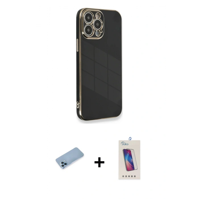MARSİLYAN™- iPhone 13 Pro Max Kılıf Yankı Serisi - Siyah Joko 5D Cam + Shine Kamera Lens Koruma Cam - MI