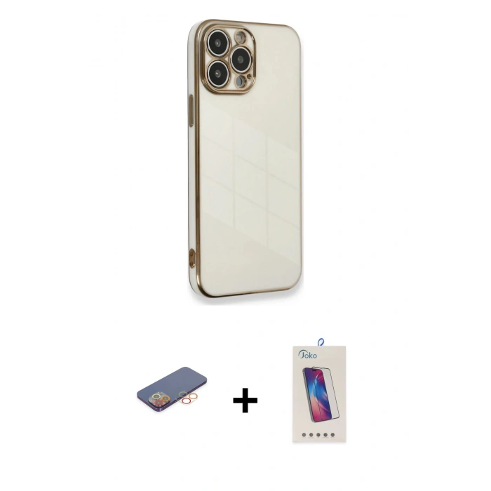 MARSİLYAN™- iPhone 13 Pro Max Kılıf Yankı Serisi - Siyah Joko 5D Cam + Turuncu Renkli Kamera Lens Koruma Cam