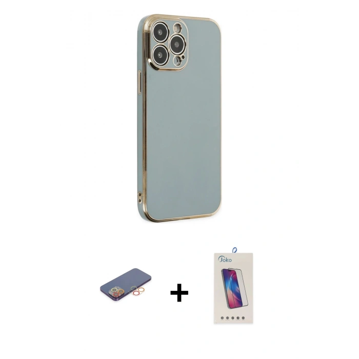 MARSİLYAN™- iPhone 13 Pro Max Kılıf Yankı Serisi - Siyah Joko 5D Cam + Turuncu Renkli Kamera Lens Koruma Cam