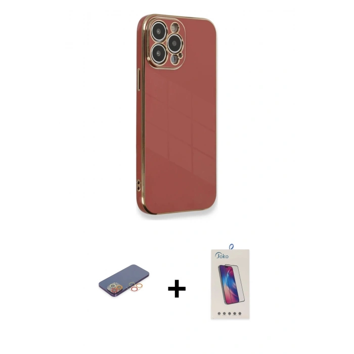 MARSİLYAN™- iPhone 13 Pro Max Kılıf Yankı Serisi - Siyah Joko 5D Cam + Turuncu Renkli Kamera Lens Koruma Cam