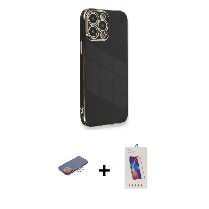 MARSİLYAN™- iPhone 13 Pro Max Kılıf Yankı Serisi - Siyah Joko 5D Cam + Turuncu Renkli Kamera Lens Koruma Cam