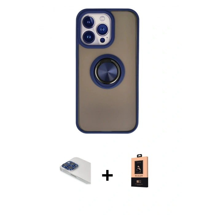 MARSİLYAN™- iPhone 13 Pro Max Kılıf Yörünge Çizgi - Şeffaf Maxco Cam Ekran Koruyucu + Lacivert Pers Alüminyum Kamera Lens