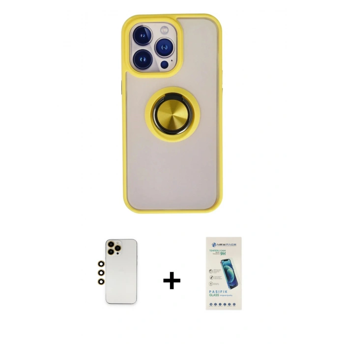 MARSİLYAN™- iPhone 13 Pro Max Kılıf Yörünge Çizgi - Şeffaf Pasifik Cam Ekran Koruyucu + Shine Kamera Lens - GD