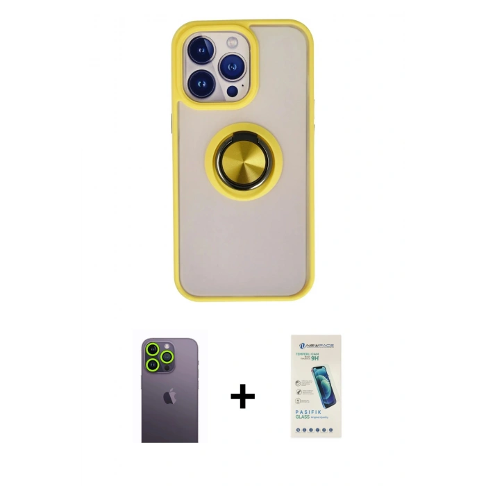 MARSİLYAN™- iPhone 13 Pro Max Kılıf Yörünge Çizgi - Şeffaf Pasifik Cam Ekran Koruyucu + Neon Fosforlu Kamera Lens - YL