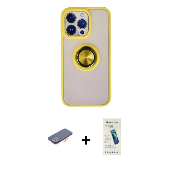 MARSİLYAN™- iPhone 13 Pro Max Kılıf Yörünge Çizgi - Şeffaf Pasifik Cam Ekran Koruyucu + Pembe Renkli Kamera Lens Koruma Cam