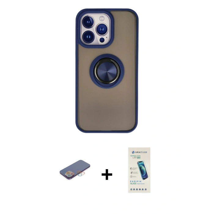 MARSİLYAN™- iPhone 13 Pro Max Kılıf Yörünge Çizgi - Şeffaf Pasifik Cam Ekran Koruyucu + Pembe Renkli Kamera Lens Koruma Cam