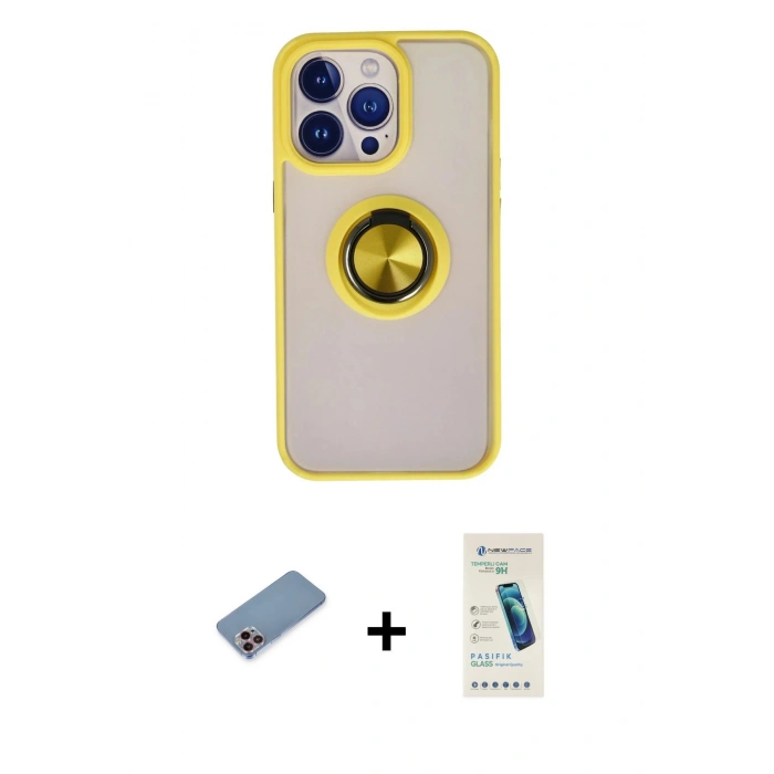 MARSİLYAN™- iPhone 13 Pro Max Kılıf Yörünge Çizgi - Şeffaf Pasifik Cam Ekran Koruyucu + Shine Kamera Lens Koruma Cam - PE
