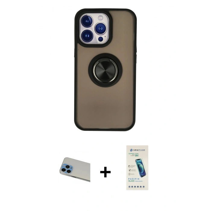 MARSİLYAN™- iPhone 13 Pro Max Kılıf Yörünge Çizgi - Şeffaf Pasifik Cam Ekran Koruyucu + Rainbow Kamera Lens Koruma Cam - MI