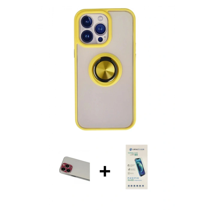 MARSİLYAN™- iPhone 13 Pro Max Kılıf Yörünge Çizgi - Şeffaf Pasifik Cam Ekran Koruyucu + Rainbow Kamera Lens Koruma Cam - KI