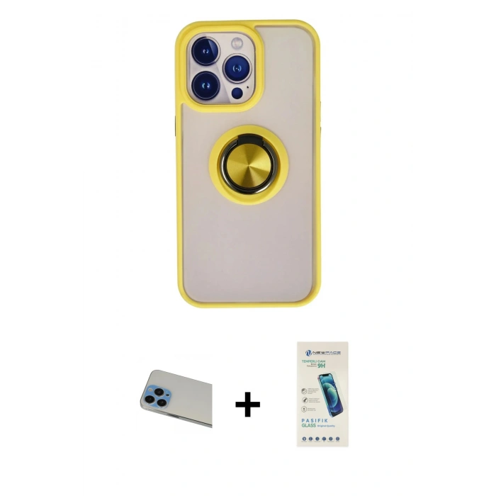 MARSİLYAN™- iPhone 13 Pro Max Kılıf Yörünge Çizgi - Şeffaf Pasifik Cam Ekran Koruyucu + Rainbow Kamera Lens Koruma Cam - MI