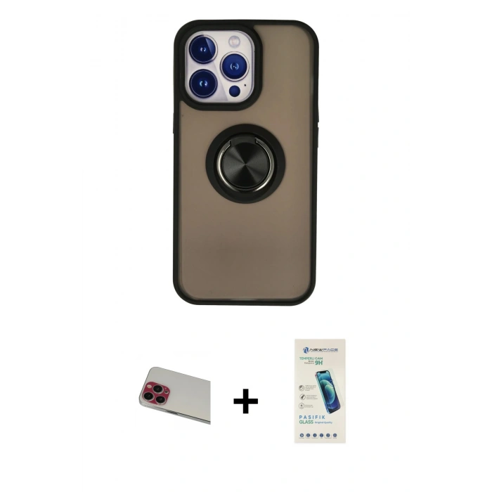 MARSİLYAN™- iPhone 13 Pro Max Kılıf Yörünge Çizgi - Şeffaf Pasifik Cam Ekran Koruyucu + Rainbow Kamera Lens Koruma Cam - KI